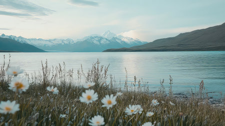A peaceful lakeside view captures vibrant daisies in the foreground, with snow-capped mountains reflecting on calm waters under a soft sky.の素材