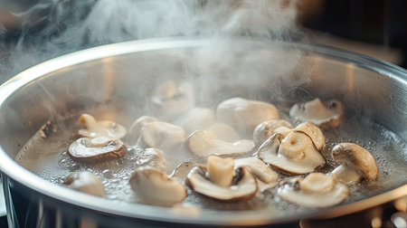 A close-up view of fresh mushrooms boiling in a pot on the stove, surrounded by rising steam, showcasing the beauty of home cooking in a modern kitchen.の素材
