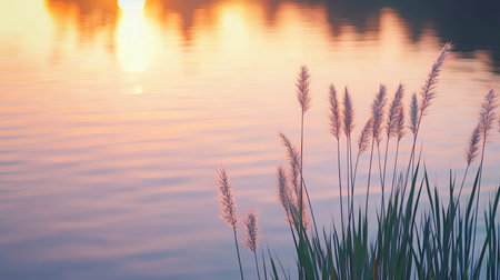 A beautiful sunset casts golden hues over calm water, with silhouettes of grass gently swaying at the shoreline, creating a serene and tranquil atmosphere.の素材