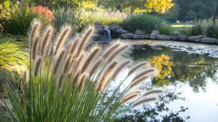 A tranquil pond scene featuring graceful grass blades swaying gently in the breeze, surrounded by vibrant autumn foliage. The serene waters reflect the colorful landscape, creating a peaceful atmosphere perfect for relaxation and contemplation.の素材