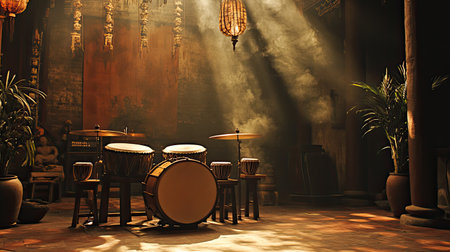 This captivating image features a drum set arranged in a tranquil ancient room, illuminated by soft light filtering through the space, creating a serene ambiance.の素材