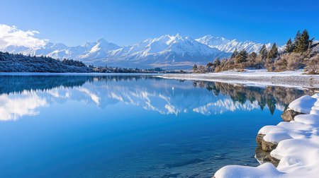 A breathtaking winter scene showcasing a clear blue lake surrounded by majestic snow-capped mountains under a bright sky, offering a serene and peaceful atmosphere.の素材