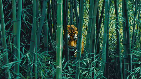 A beautiful portrait of a tiger subtly blending into a vibrant bamboo forest, showcasing its powerful presence in a lush, serene jungle environment.の素材