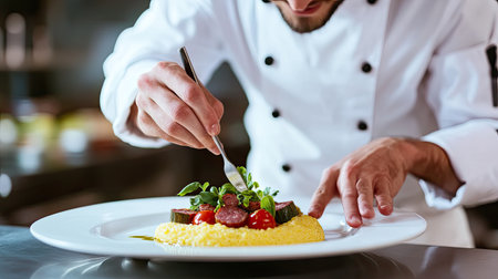 A professional chef focuses intently on plating a gourmet dish, showcasing vibrant ingredients and artistic flair in a modern kitchen environment.の素材