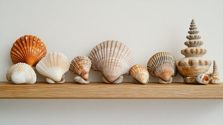 This image features a stunning arrangement of various seashells meticulously placed on a wooden shelf, creating a serene and charming coastal aesthetic.の素材