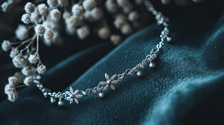 This stunning silver bracelet features intricate floral designs and sparkling gemstones, elegantly displayed on soft green fabric, perfect for fashion enthusiasts.の素材