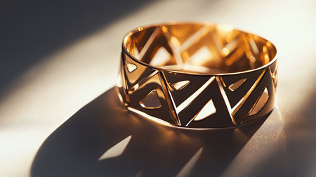 This beautiful gold bracelet features intricate geometric cutouts that create captivating shadows, showcasing modern design and elegance in jewelry.の素材