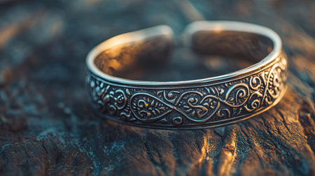 This stunning silver cuff bracelet features intricate scrollwork designs, showcasing fine craftsmanship. The piece rests on a rustic wooden surface, enhancing its elegance.の素材