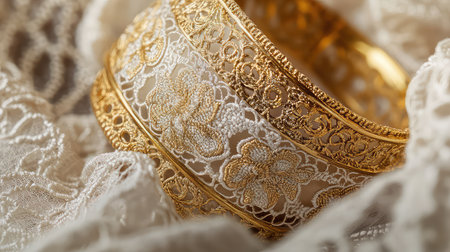 This close-up image captures an intricate gold bracelet adorned with delicate lace, perfectly resting on soft fabric. The elegance and craftsmanship shine through.の素材