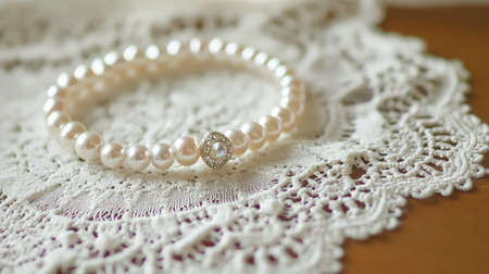 This stunning close-up features a beautiful pearl bracelet resting on intricate lace fabric, blending elegance with artisan craftsmanship, perfect for fashion inspiration.の素材