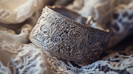 This captivating image features an intricately designed silver bangle resting on a soft lace fabric. The detailed floral pattern showcases exquisite craftsmanship, making this accessory a perfect blend of elegance and style.の素材