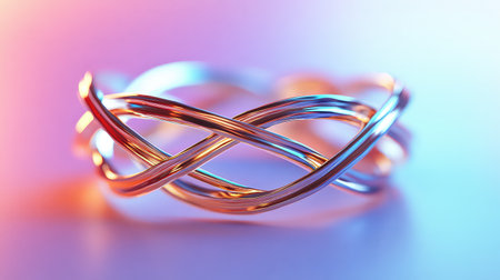 This image showcases an elegant bracelet composed of intertwined metallic strands, set against a soft gradient background, highlighting modern jewelry design.の素材