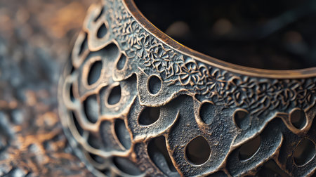 This close-up image showcases an intricately designed metalwork bowl featuring floral patterns and a textured surface, beautifully lit in warm tones.の素材