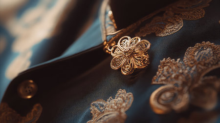 A striking close-up of a gold pendant featuring delicate floral design against an ornate fabric backdrop, showcasing elegance and craftsmanship.の素材