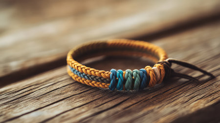 This image captures a handmade colorful woven bracelet resting on a rustic wooden surface, highlighting its vibrant colors and intricate craftsmanship.の素材