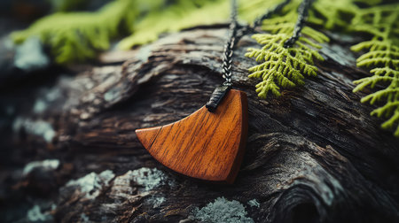 A stunning close-up of a wooden pendant necklace resting on rustic wood, surrounded by vibrant fern leaves. Perfect for nature lovers and jewelry enthusiasts.の素材