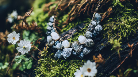 This stunning necklace features an array of natural stones elegantly arranged on a backdrop of lush moss and delicate flowers, perfect for showcasing natureの素材