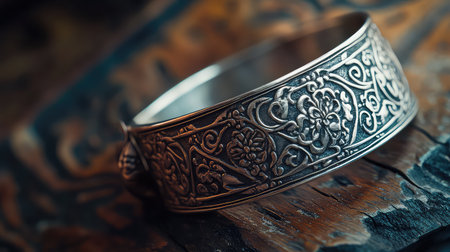 A close-up view of a beautifully detailed silver bangle, showcasing intricate floral patterns against a rustic wooden surface, emphasizing elegance and craftsmanship.の素材