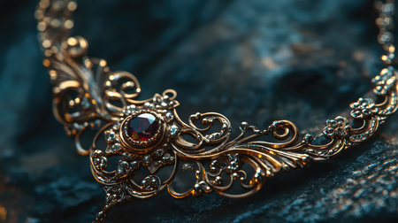 This stunning close-up of an ornate gold necklace features intricate details and a vibrant red gemstone, perfect for capturing elegance and luxury.の素材