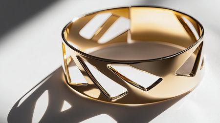 Stunning gold bangle bracelet features intricate geometric cutouts, showcasing modern fashion accessory trends against a clean white background.の素材