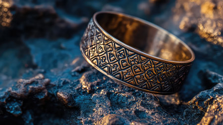 A beautifully crafted bronze ring with intricate patterns lies on a textured rock surface, showcasing artistic elegance in natural light. Perfect for jewelry lovers.の素材