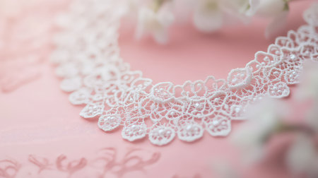 This close-up showcases an intricate white lace detail on soft pink fabric, accented by delicate flowers and gentle light, creating a serene and elegant atmosphere.の素材