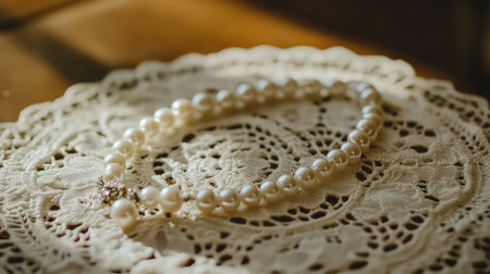 This captivating image features an elegant pearl necklace beautifully showcased on a vintage lace doily, illuminated by soft natural light. The warm tones create a timeless and romantic feel, highlighting the intricate details of the jewelry and the lace texture.の素材