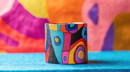 This image features a hand-painted ceramic mug with vibrant abstract designs on a bright background. Ideal for showcasing creativity and craftsmanship.の素材