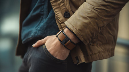 A detailed close-up of a stylish wristwatch on a man's arm, highlighting fashion and accessory choices in a casual urban environment. The watch adds elegance to the outfit.の素材