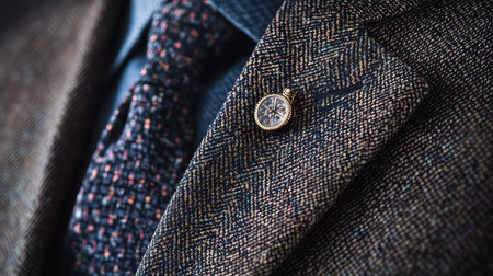 This close-up image showcases an elegant tailor-made jacket in a herringbone pattern, featuring a classic lapel pin that signifies sophistication. Perfect for fashion enthusiasts.の素材