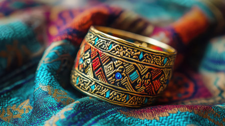 This stunning image features a detailed golden bracelet, showcasing intricate designs and colors, set against a vibrant textile background, perfect for showcasing luxury and craftsmanship in jewelry photography.の素材