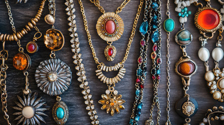 A stunning collection of vintage jewelry showcasing necklaces, pendants, and brooches arranged elegantly on a dark wooden surface, perfect for fashion inspiration.の素材