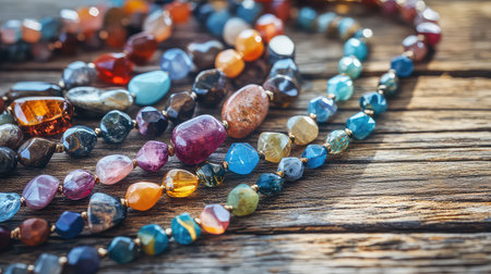 A beautiful assortment of colorful beaded necklaces laid elegantly on a rustic wooden surface, featuring unique natural stones and textures, perfect for fashion enthusiasts.の素材