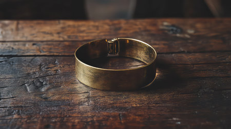 A stunning gold bracelet rests on a rustic wooden surface, showcasing its elegant design and unique textures in soft natural light. Perfect for fashion lovers.の素材