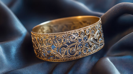 A mesmerizing golden bracelet featuring an intricate floral design embellished with blue gemstones, elegantly resting on soft black fabric, ideal for fashion enthusiasts.の素材