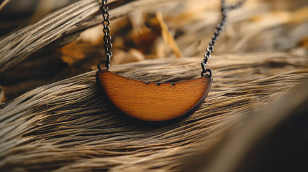 A beautifully crafted wooden pendant necklace lies elegantly on dry grass and leaves, showcasing the fusion of nature and fashion in a tranquil setting.の素材