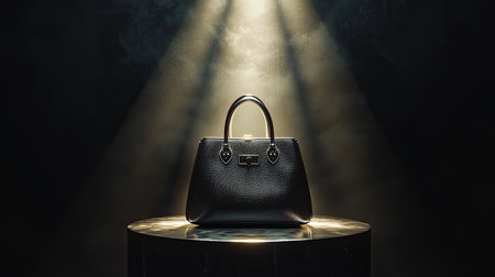 This stunning image features an elegant black handbag displayed dramatically under a spotlight, capturing its luxurious design and texture.の素材