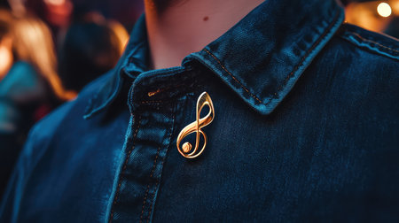 This image captures a close view of a stylish music note brooch pinned on a denim shirt, set against a vibrant evening backdrop with soft bokeh, evoking warmth and creativity.の素材