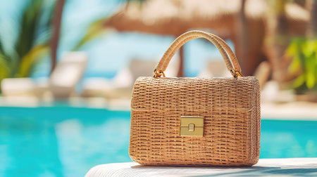 A stylish woven handbag rests elegantly by a sparkling pool, reflecting a bright summer atmosphere perfect for vacation and leisure.の素材