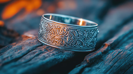 This striking silver ring showcases intricate floral patterns and delicate craftsmanship, positioned beautifully against a textured wooden background.の素材