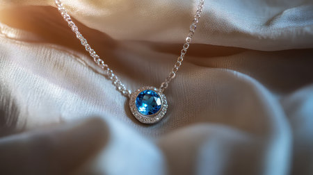A stunning silver necklace featuring a vibrant blue gemstone hangs elegantly against a soft fabric backdrop, enhanced by warm lighting that adds depth and charm.の素材
