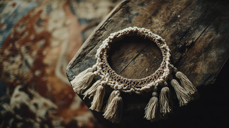 A beautifully crafted macrame necklace featuring soft tassels, showcased on a rustic wooden surface, perfect for adding a bohemian touch to your style.の素材