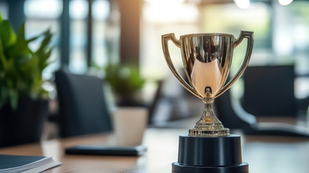 A striking golden trophy placed on a sleek office table, symbolizing achievement and success. The blurred modern workspace creates an inspiring atmosphere, perfect for celebrating milestones.の素材