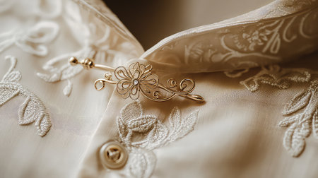 A close-up view of an elegant gold brooch resting on cream-colored embroidered fabric showcases intricate floral patterns, reflecting craftsmanship and style.の素材