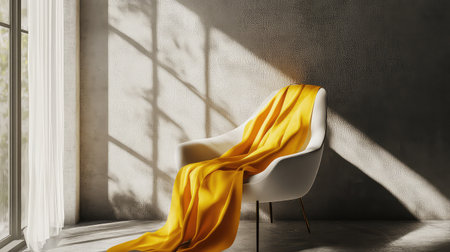 A stylish white chair draped with a vibrant yellow fabric creates a cheerful focal point in a sunlit modern interior, enhancing warmth and comfort.の素材