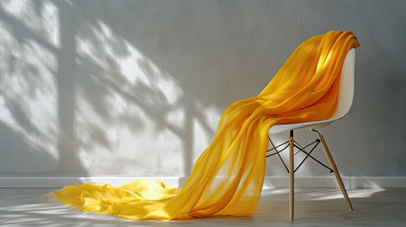 A beautiful yellow fabric drapes gracefully over a sleek modern chair, catching sunlight and creating an inviting atmosphere in a well-designed interior space.の素材