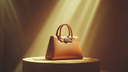 This image captures an elegant leather handbag gracefully placed on a circular pedestal, illuminated by warm, dramatic lighting. The luxurious design emphasizes sophistication and style.の素材