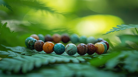 A stunning, colorful gemstone bracelet artfully placed on lush green foliage, showcasing the beauty of nature and intricate craftsmanship, perfect for jewelry lovers.の素材