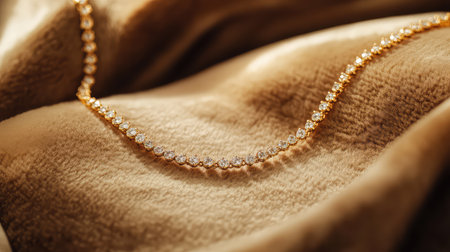 A striking gold necklace adorned with sparkling diamonds rests gracefully on a soft, luxurious fabric, highlighting its elegance and refined design.の素材
