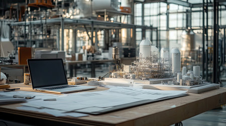 A scale model of an industrial facility sits on a designer's table, accompanied by a laptop and technical drawings. This workspace captures the essence of creativity and engineering in a modern studio.の素材